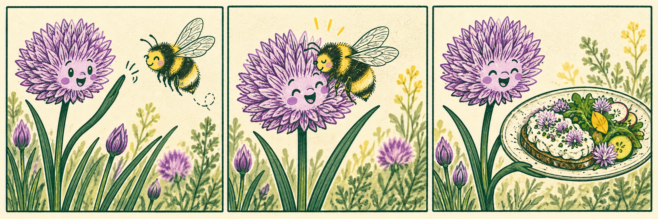 Drei gezeichnete Szenen: Eine fröhliche Schnittlauchblüte begrüsst eine Hummel, die Hummel besucht ihre Blüte, und der Schnittlauch präsentiert einen mit Blüten garnierten Teller.